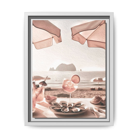 Aperol Spritz Oysters Beach Umbrellas Matte Canvas, Framed (Multi-color)