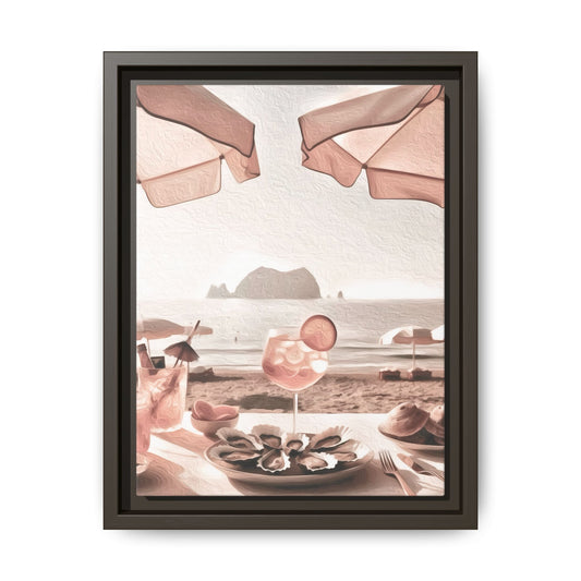 Aperol Spritz Oysters Beach Umbrellas Matte Canvas, Framed (Multi-color)